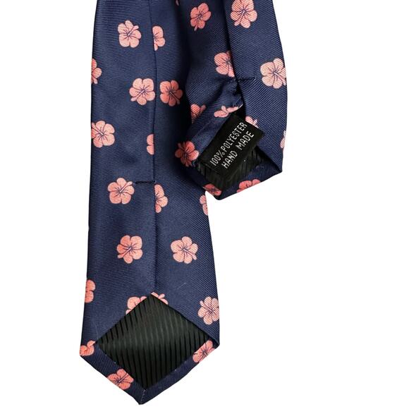 Navy Blue Men's Neck Tie with Pink Hibiscus Flowers 100% Polyester Skinny Tie - Picture 4 of 5